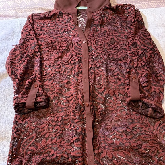 Burgundy Lace Button Down Shirt - Picture 1 of 2